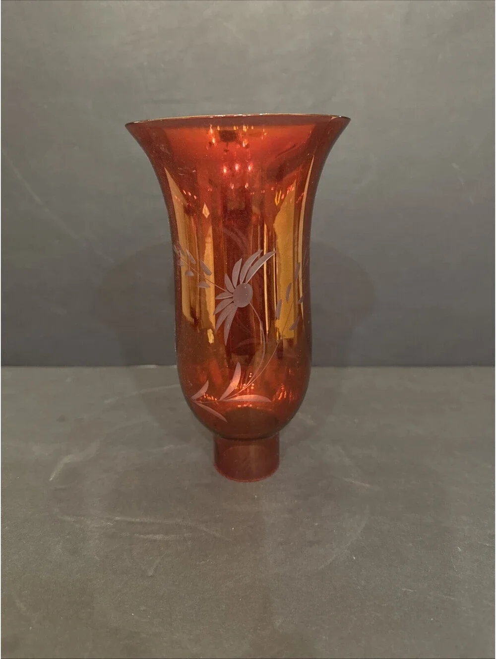 Cranberry Iridescent Etched Flower Hurricane Lamp Shade Candle Sconce 7 5/8” H